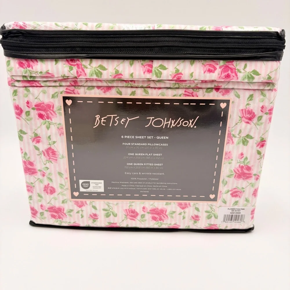 Betsey Johnson Queen‎ Sheet Set 6 Piece Flower Fun Pink Rose Striped Microfiber